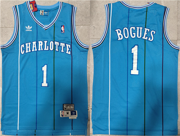 Men's Charlotte Hornets #1 Muggsy Bogues Blue Mitchell & Ness Throwback Stitched Jersey